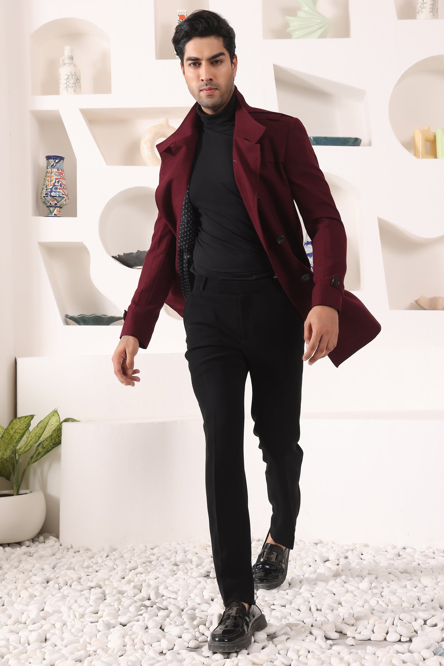 Wine Double Breast Overcoat