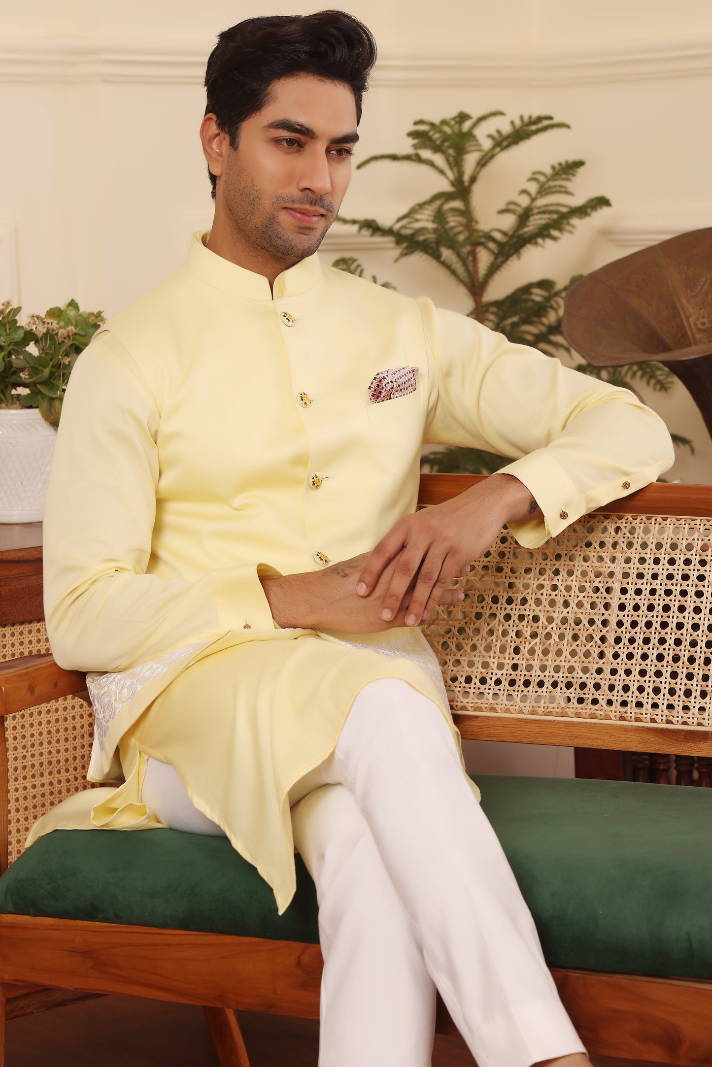Lemon Kurta pants with embroidered Nehru Jacket