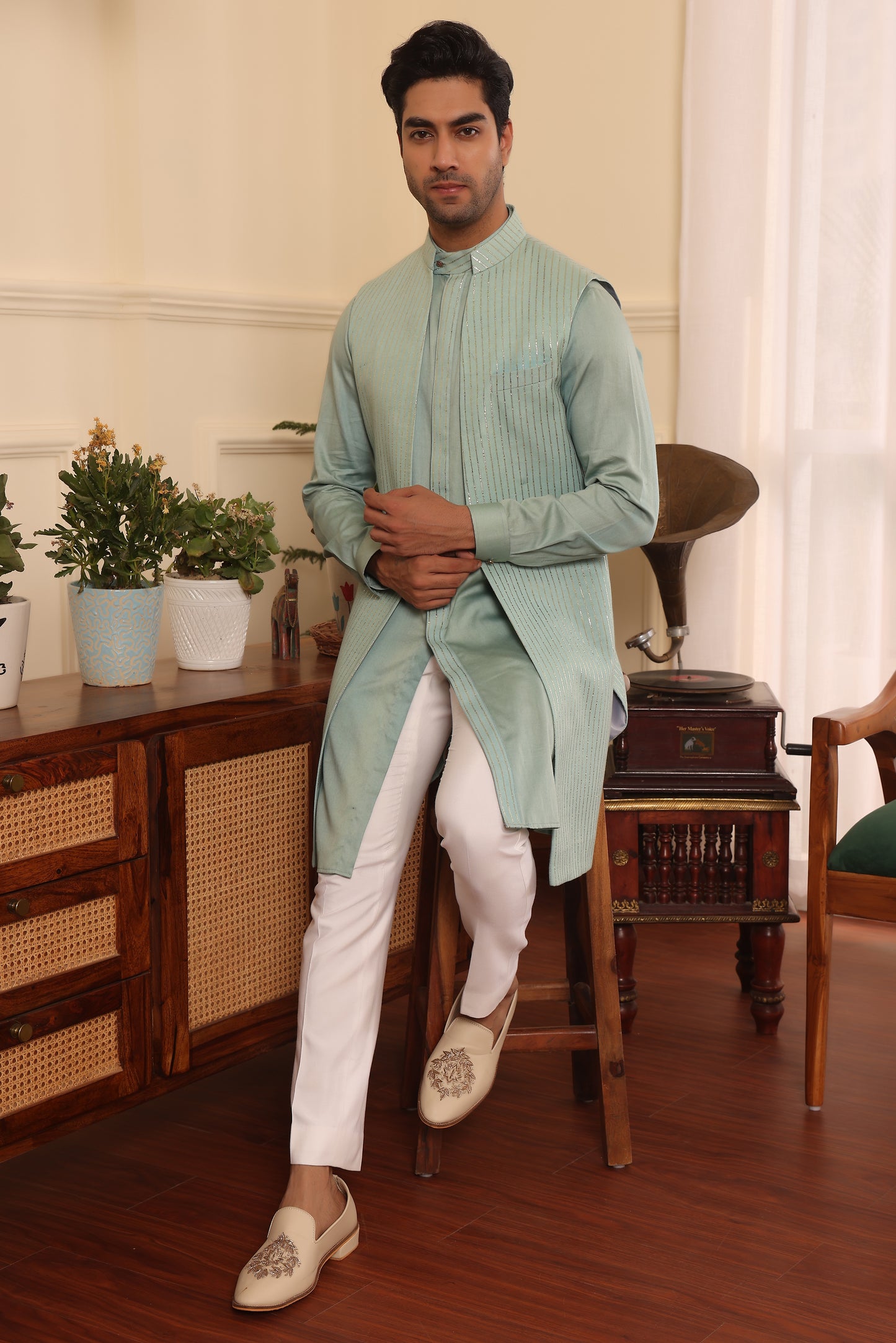 Aqua Green Kurta Pants With Shrug Jacket