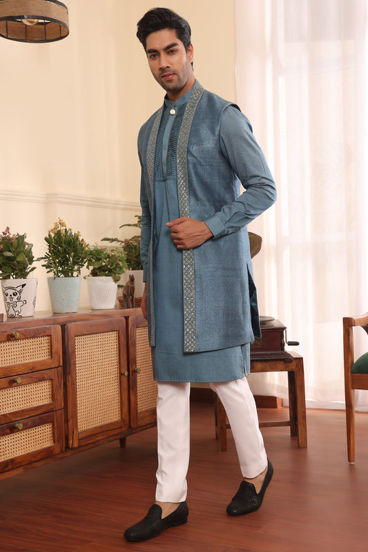 Teal Bue Kurta Pants with Shrug Jacket