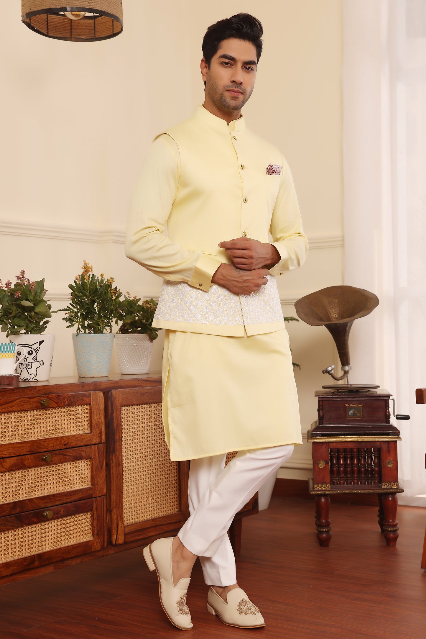 Lemon Kurta pants with embroidered Nehru Jacket