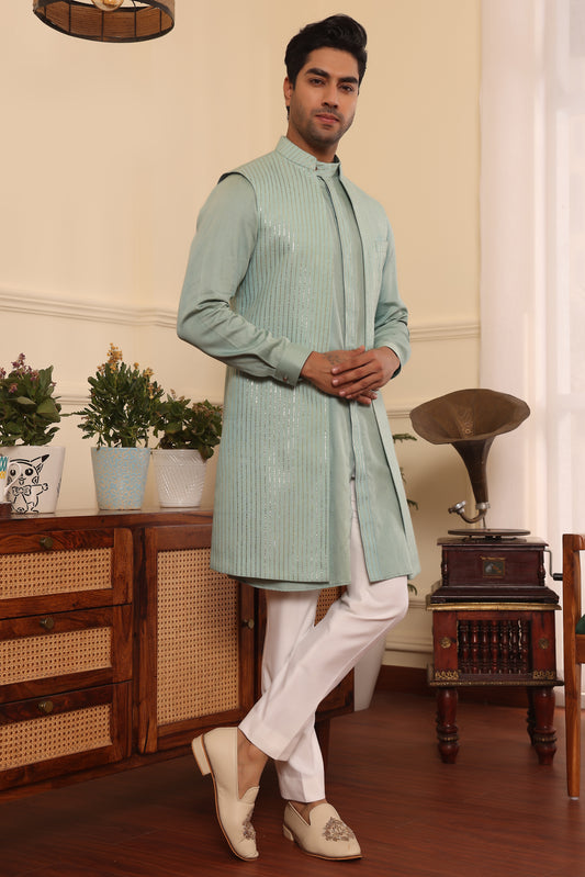 Aqua Green Kurta Pants With Shrug Jacket