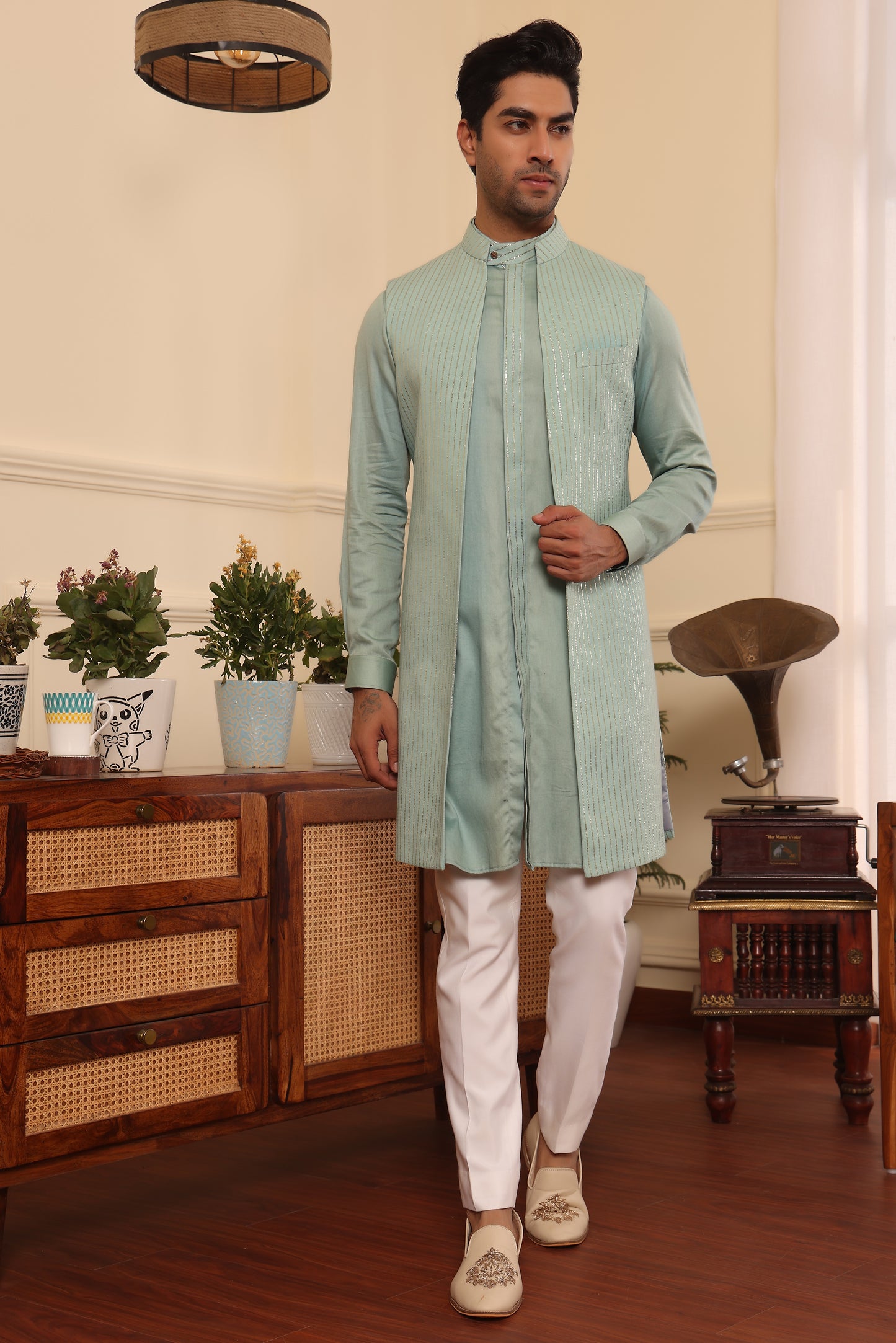 Aqua Green Kurta Pants With Shrug Jacket