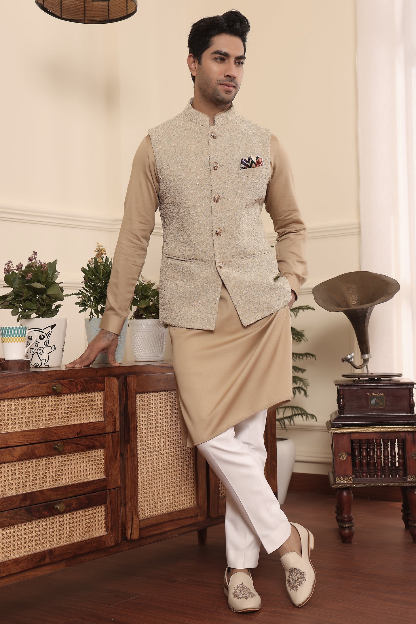 Beige Gold Kurta Pants & Nehru Jacket