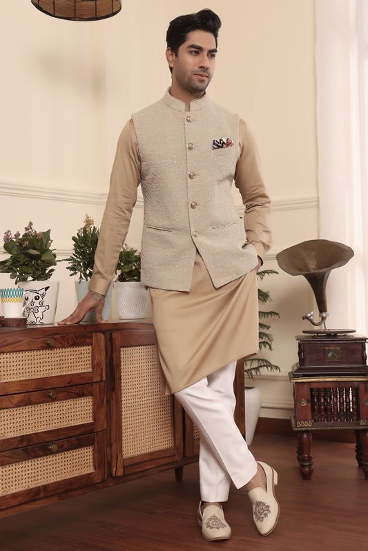 Beige Gold Kurta Pants & Nehru Jacket