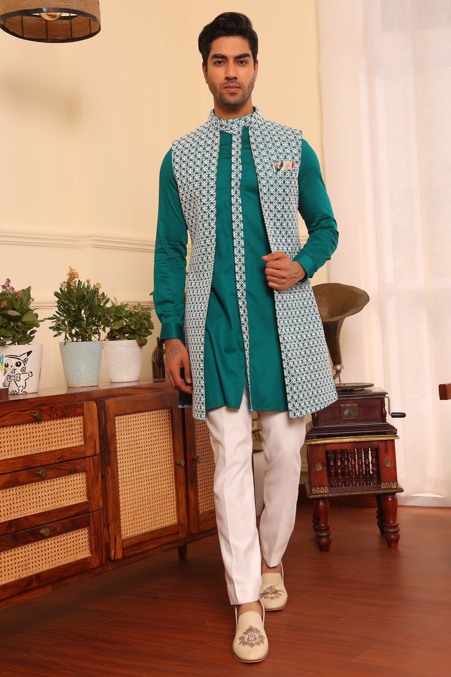 Tuquoise Green kurta pants with embroidered shrug set