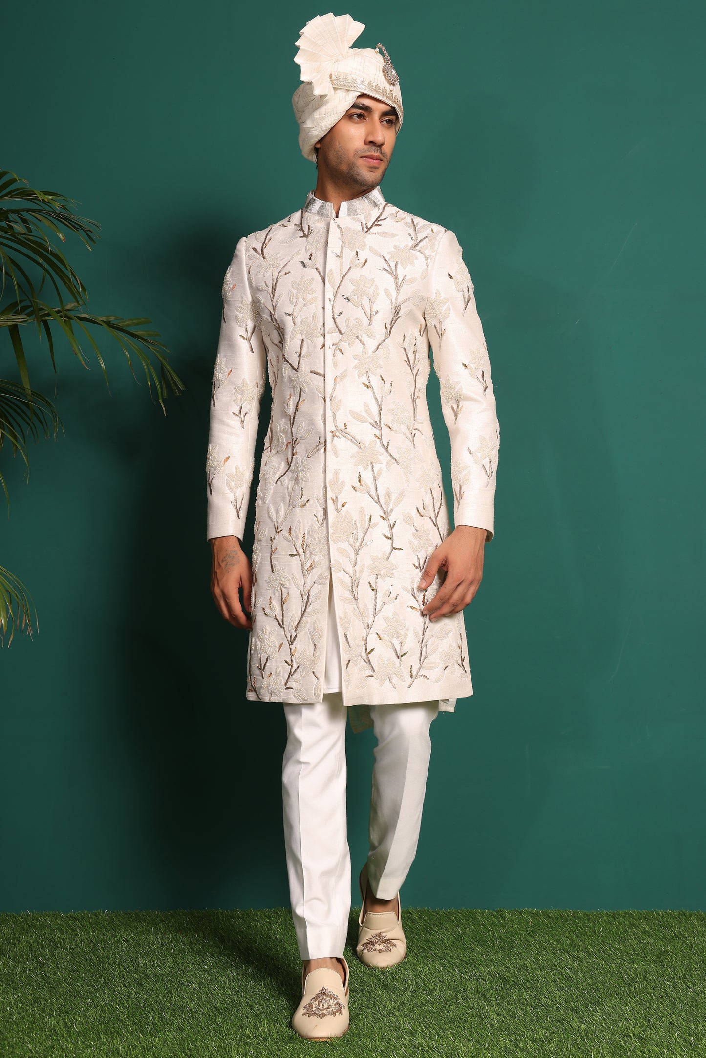 Ivory White Sherwani with Floral work