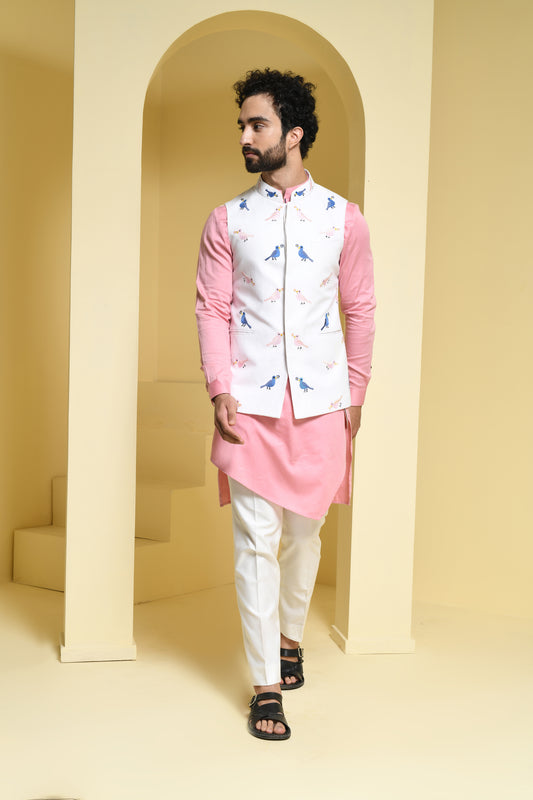 Bird Printed White Nehru Jacket with Pink Kurta Set