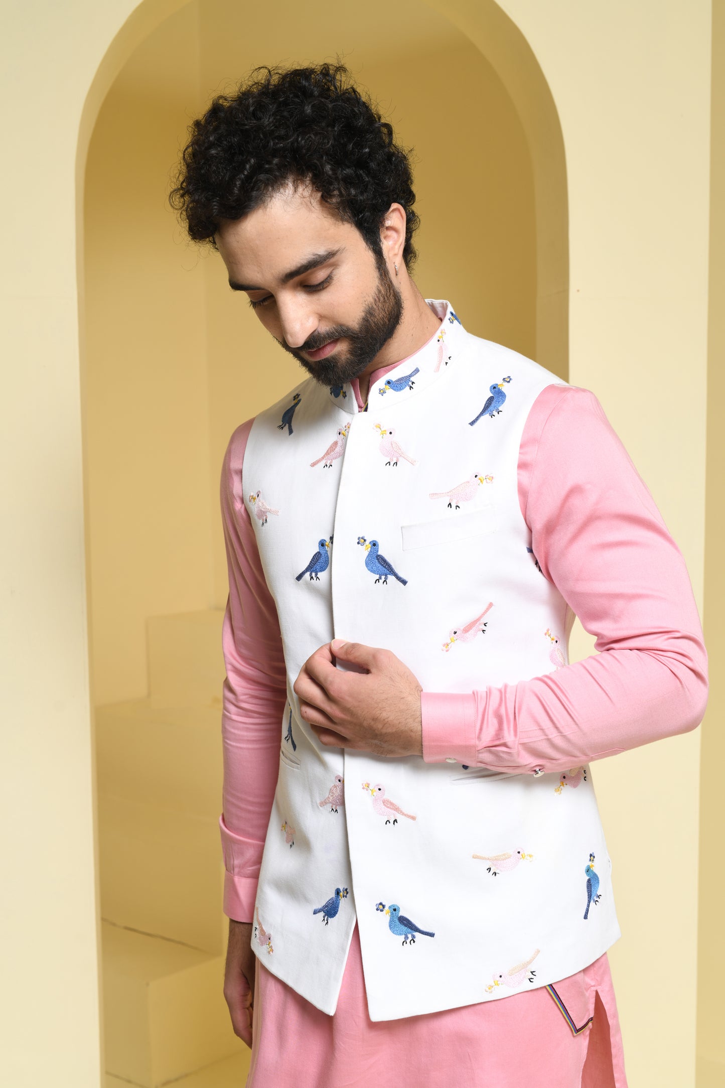 Bird Printed White Nehru Jacket with Pink Kurta Set