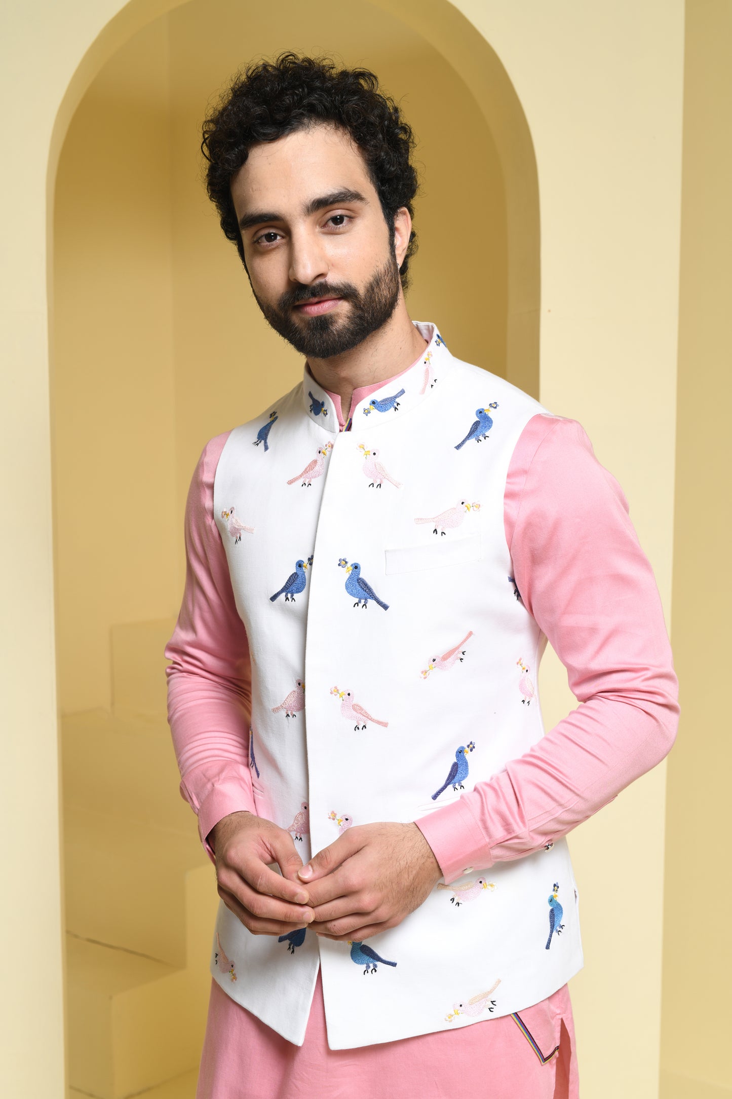 Bird Printed White Nehru Jacket with Pink Kurta Set