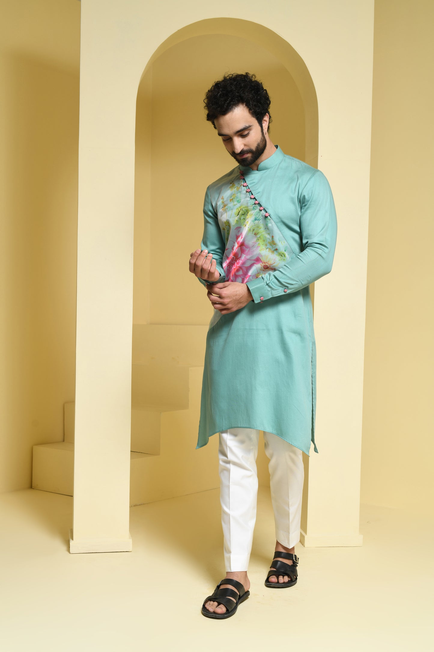 Pastal Green Kurta Set with Floral Detailing