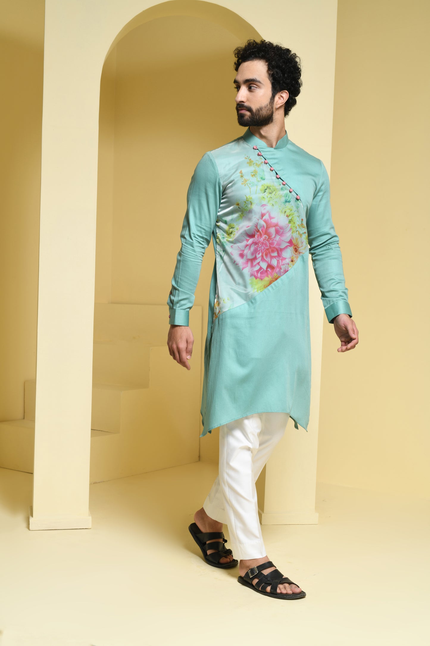 Pastal Green Kurta Set with Floral Detailing