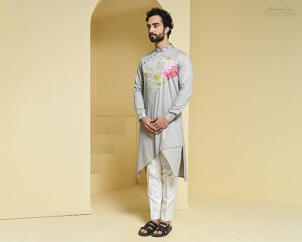 Grey Kurta Set with Floral Detailing
