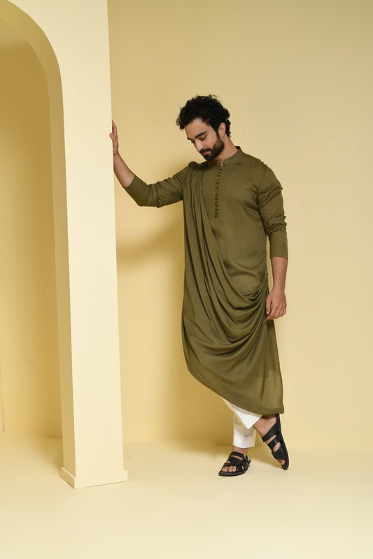 Olive Green Asymmetrical Kurta Set