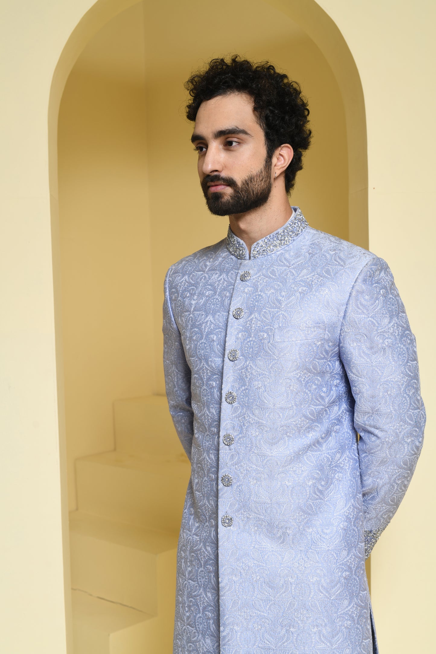 Pure silk self embroidered sherwani