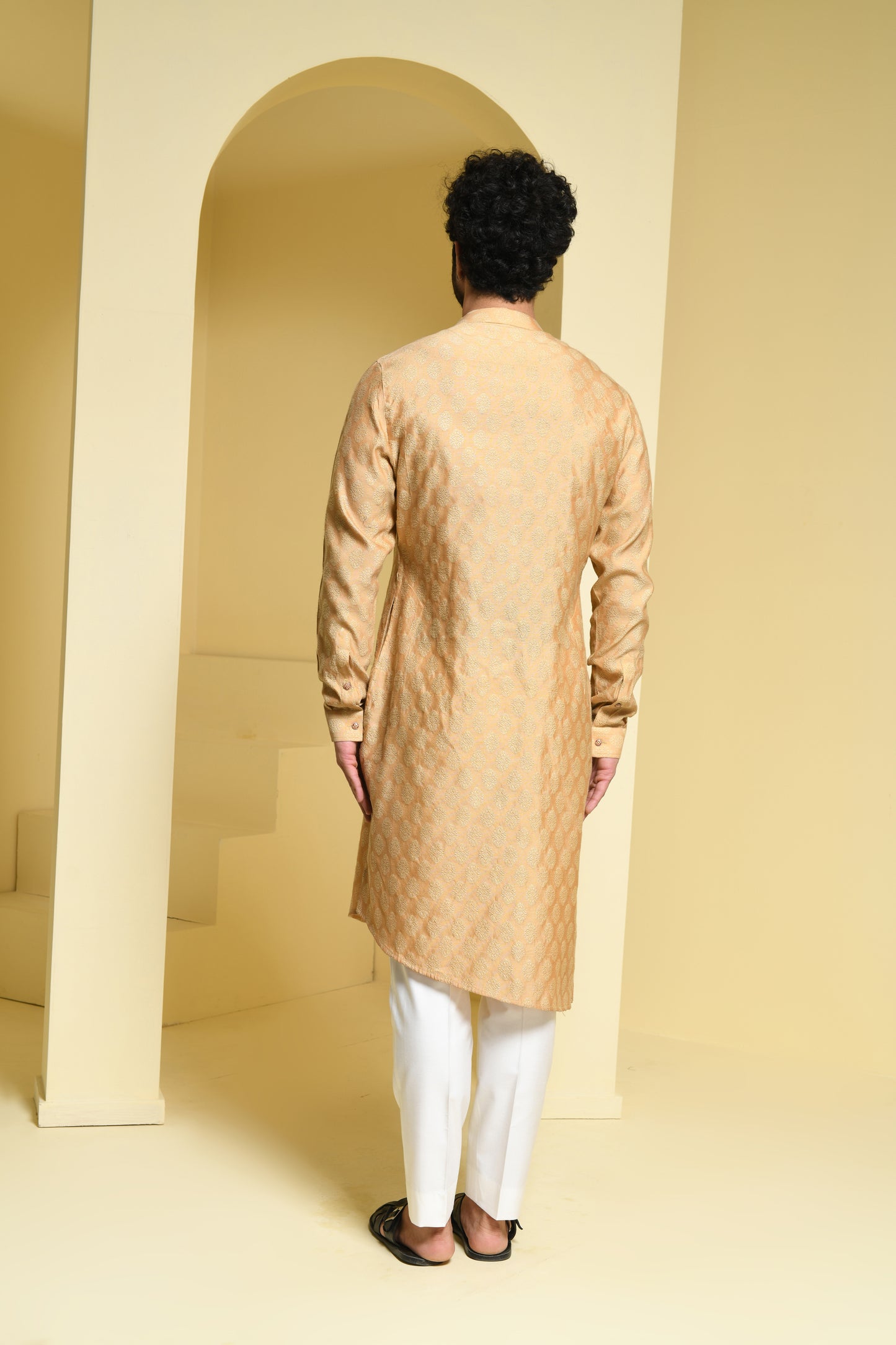 Beige Textured Cut Style Cotton Kurta Set