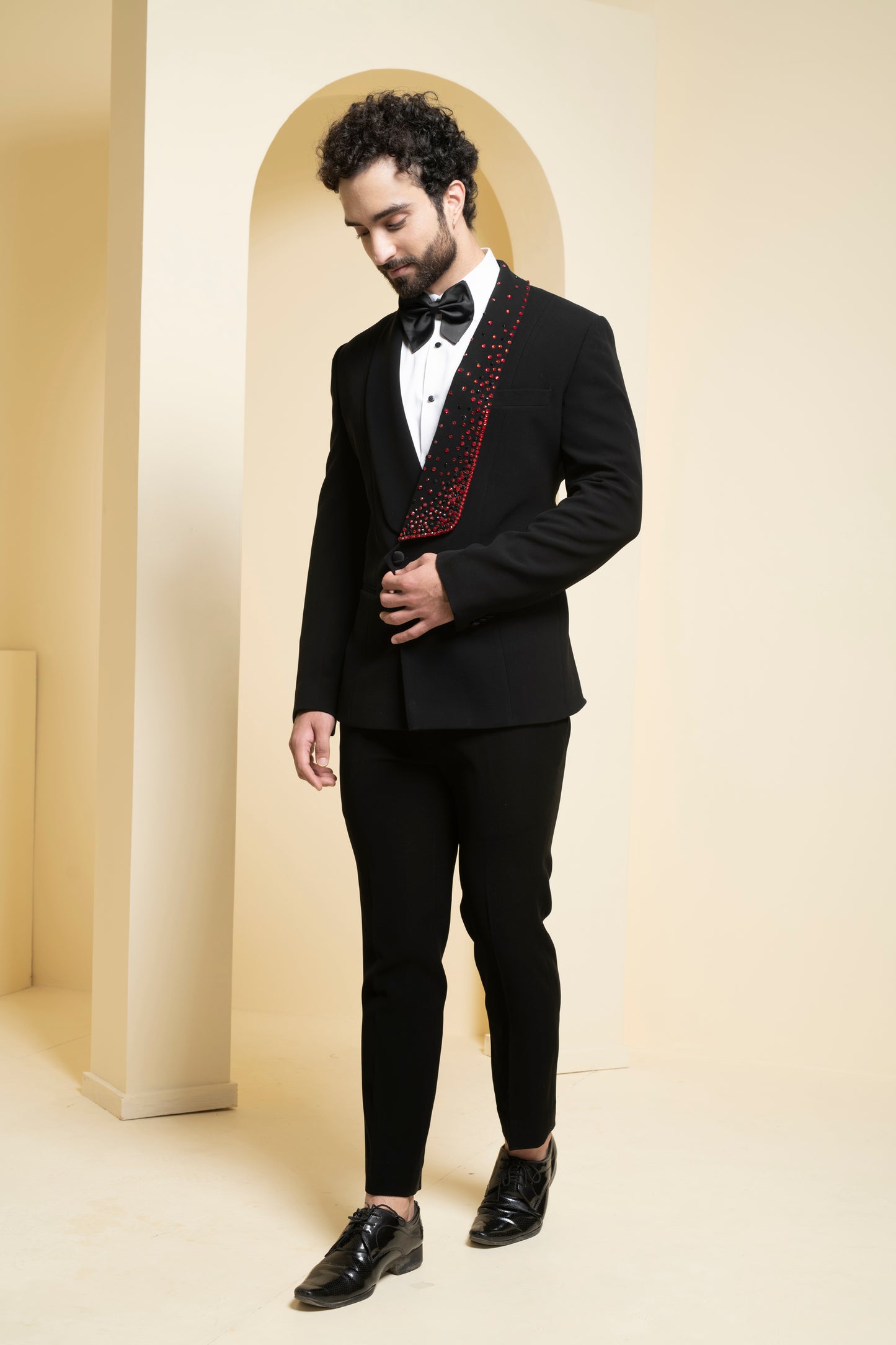 Black Swarovski Embroidered Tuxedo Set