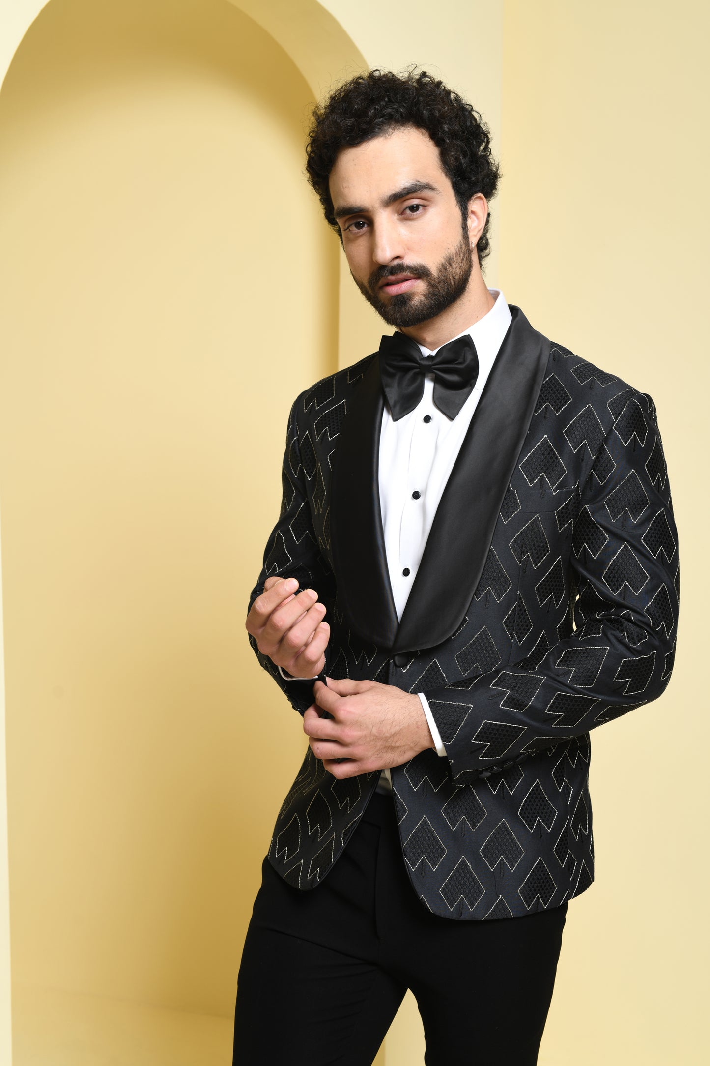 Black Self Designed Embroidered Tuxedo Set