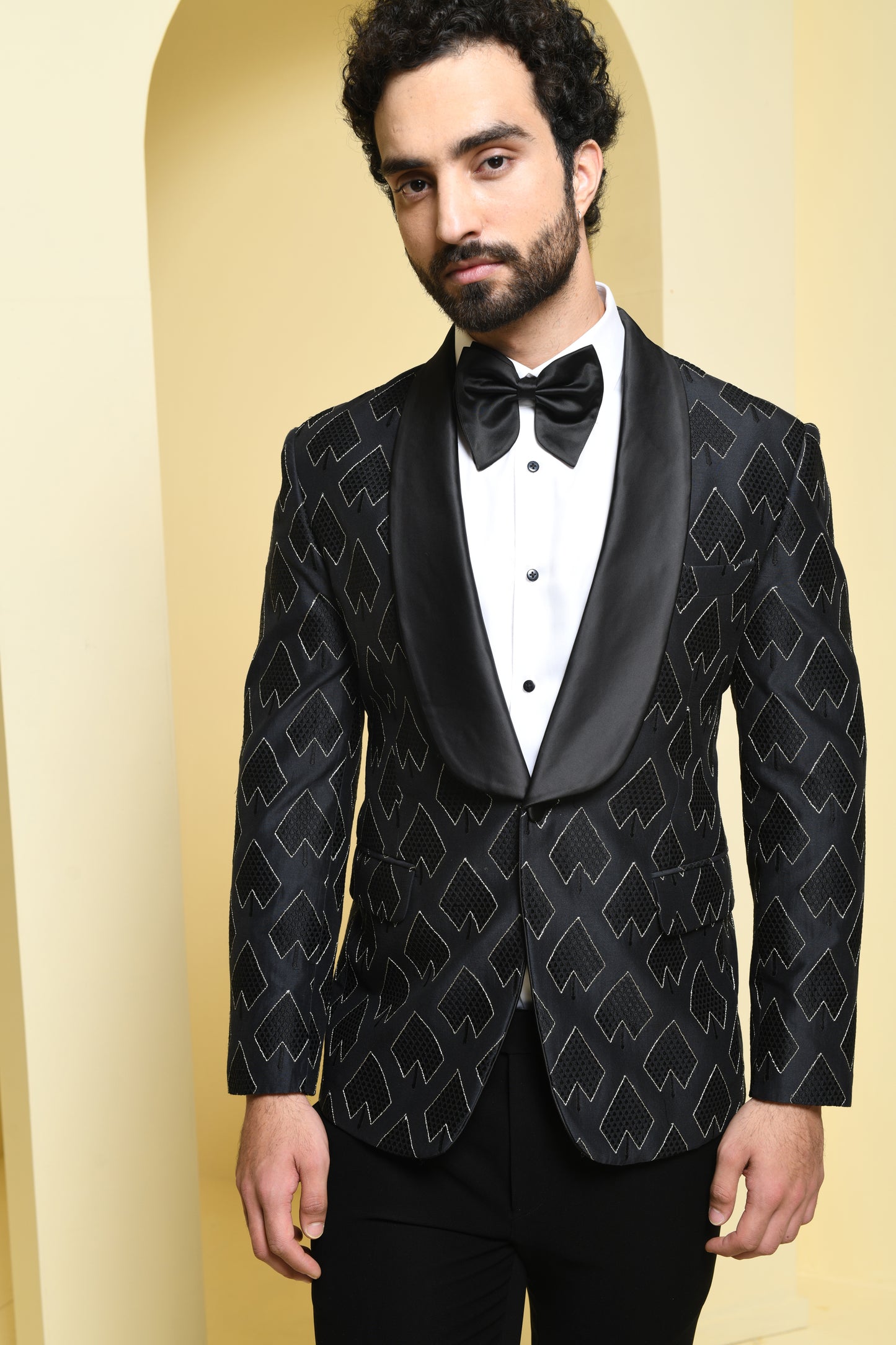 Black Self Designed Embroidered Tuxedo Set