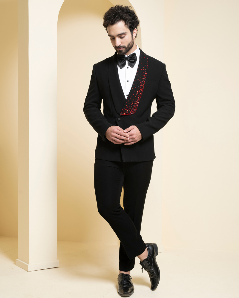Black Swarovski Embroidered Tuxedo Set
