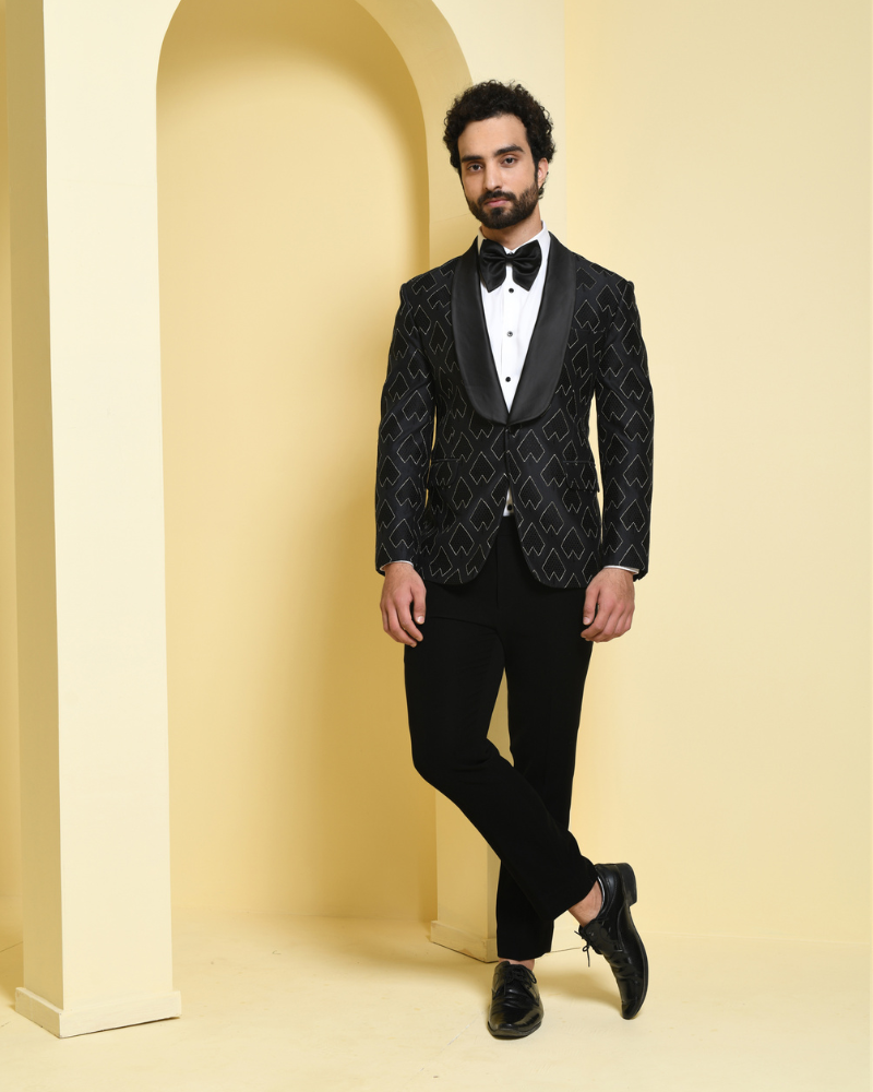 Black Self Designed Embroidered Tuxedo Set