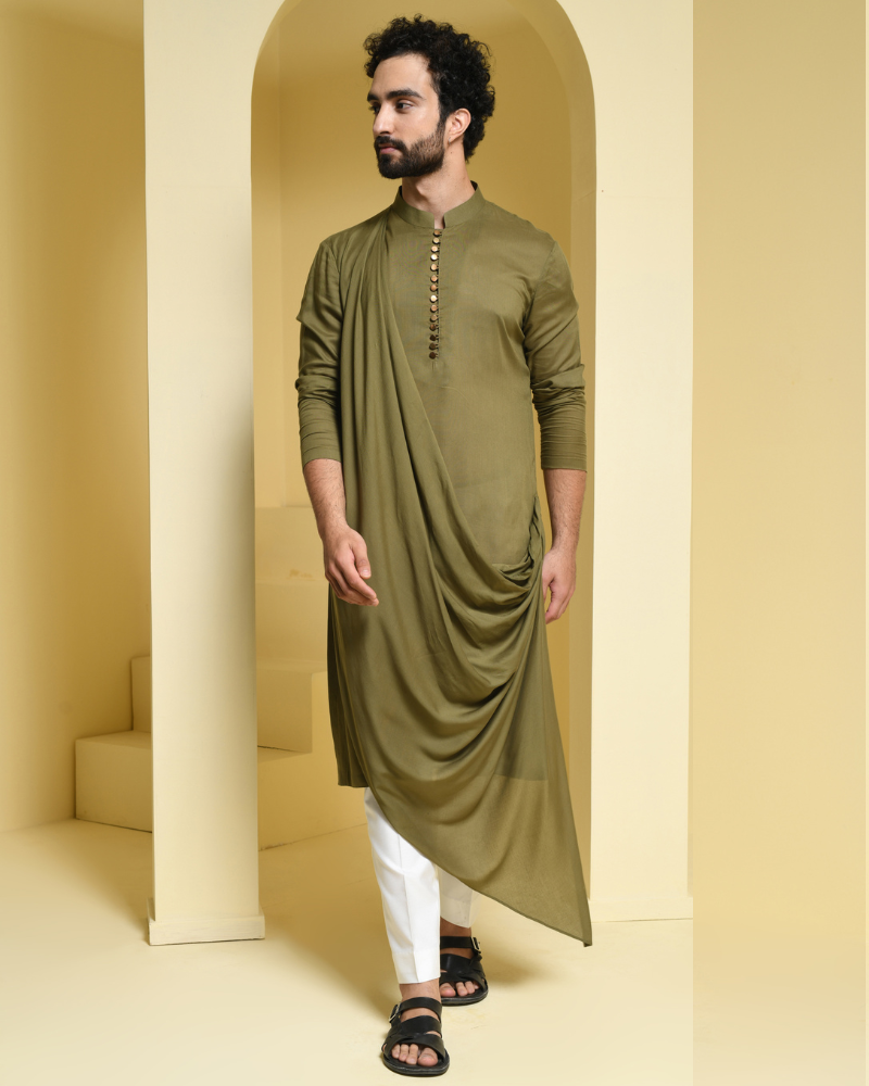 Olive Green Asymmetrical Kurta Set