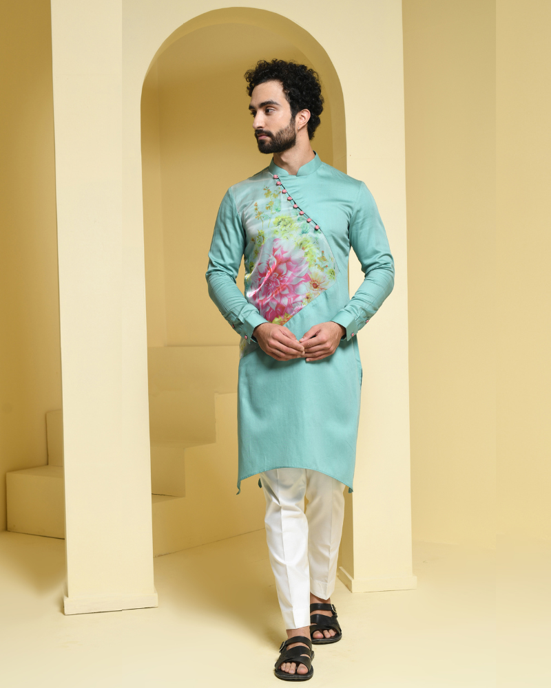 Pastal Green Kurta Set with Floral Detailing