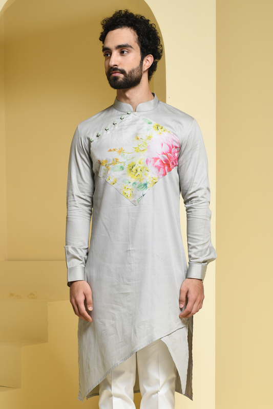 Grey Kurta Set with Floral Detailing